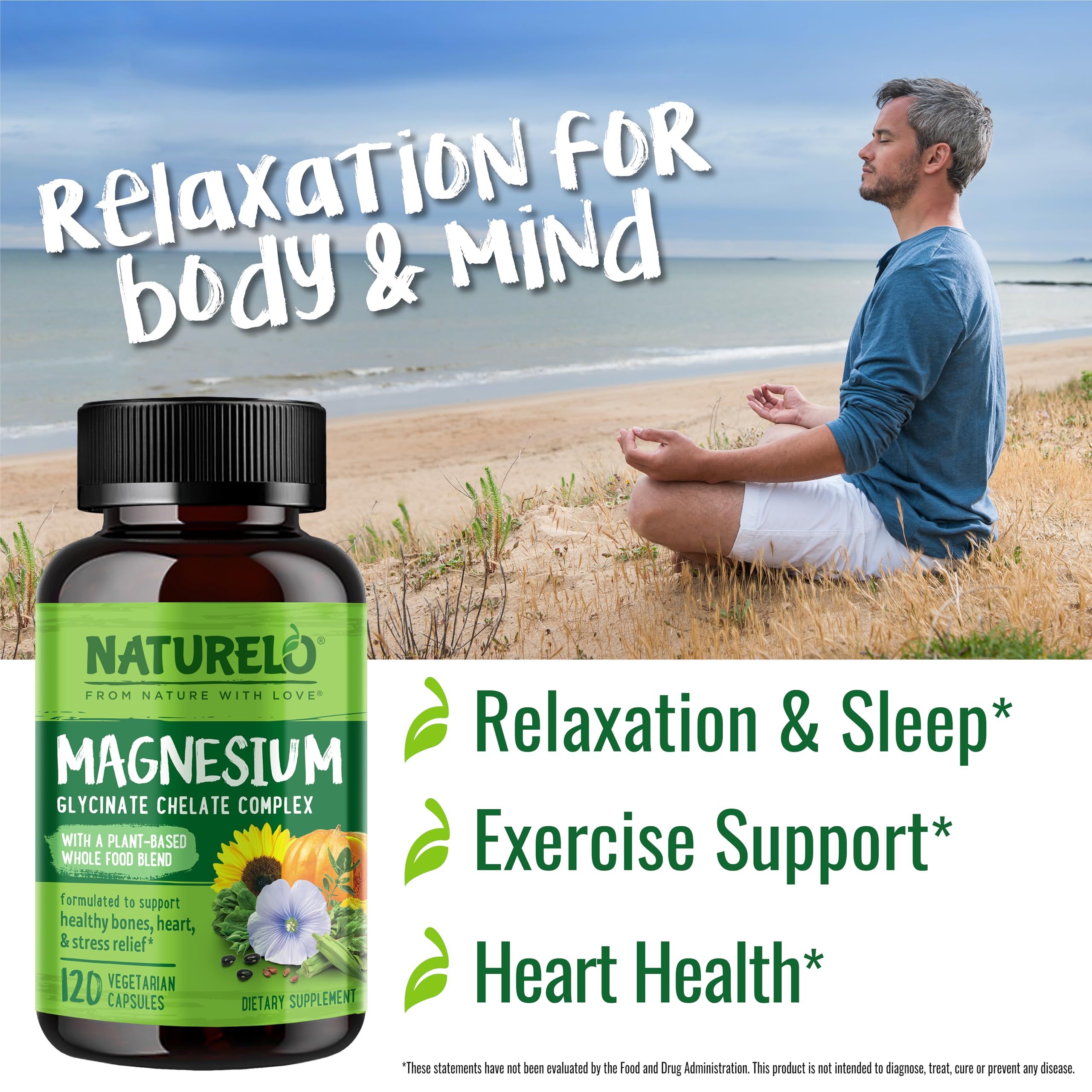 NATURELO Magnesium Glycinate Chelate Complex - 200 mg Magnesium with Organic Vegetables to Support Sleep, Calm, Muscle Cramp & Stress Relief - Gluten Free, Non GMO - 120 Capsules NATURELO Au supplements