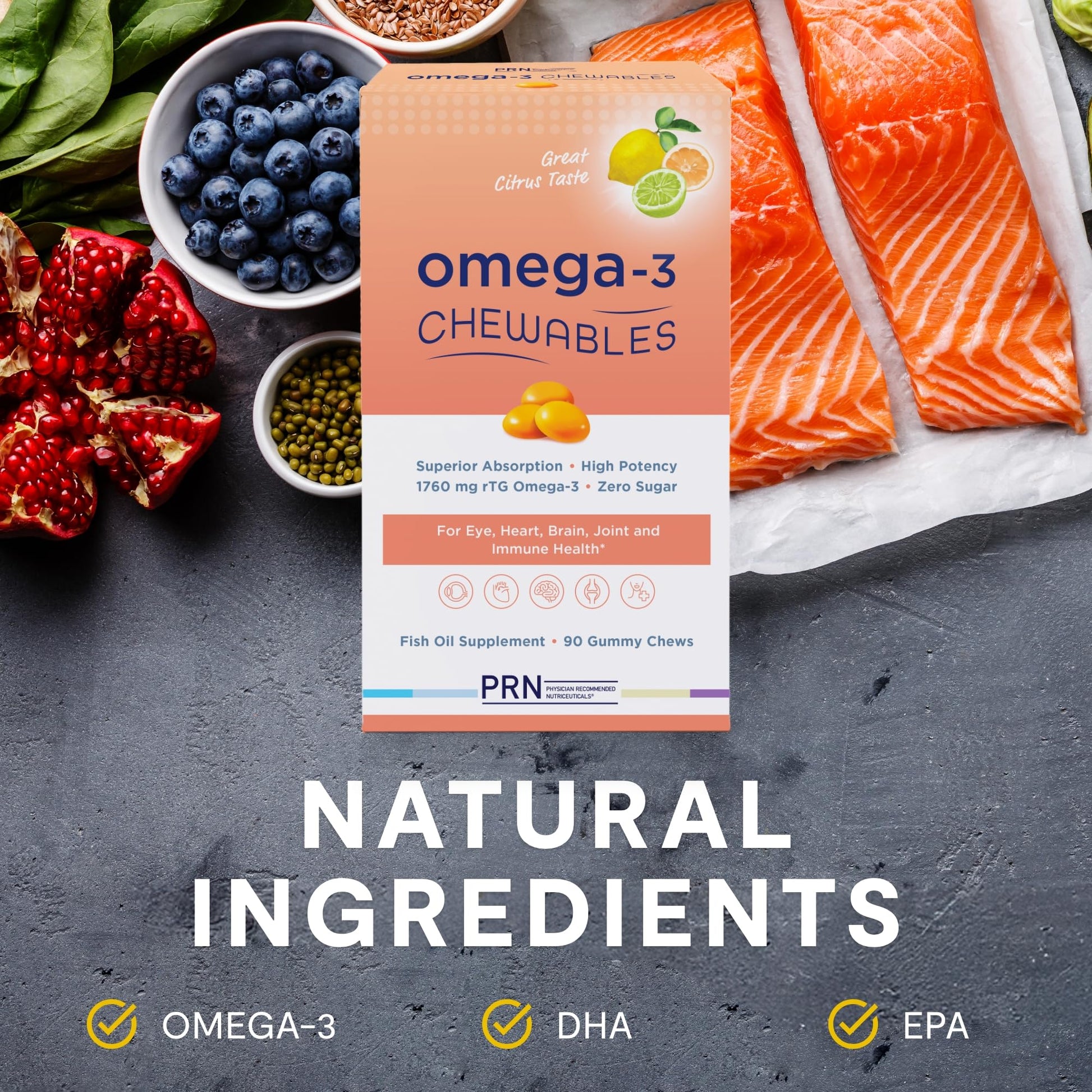 Omega 3 Gummy Chewables - 90 Gel Chews, 30-Day Supply, Citrus Flavor - 1760mg Ultra-Pure rTG Omega 3 for Eye, Heart, Brain, Joint & Immune Health PRN Physician Recommended Nutriceuticals Au supplements