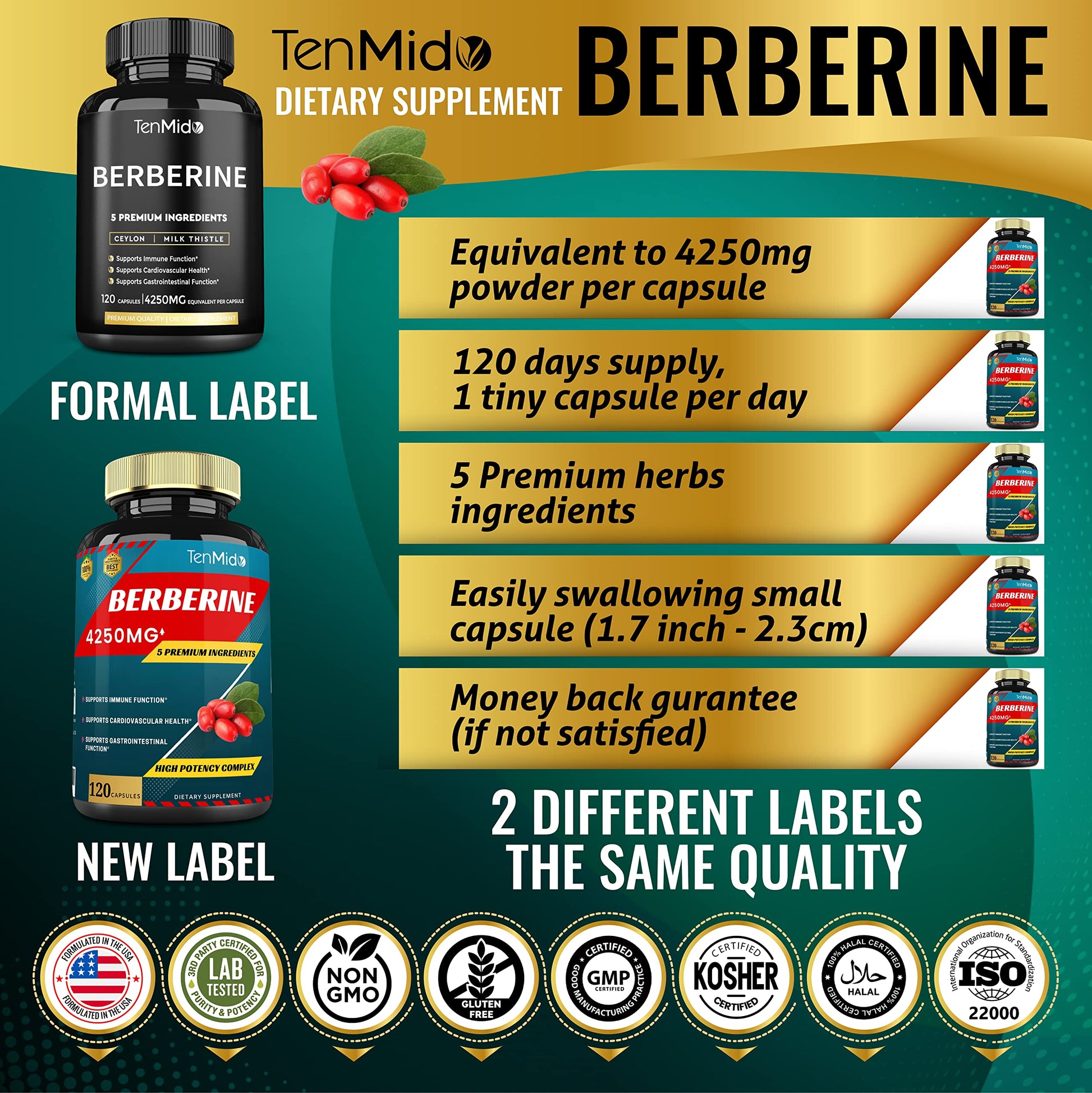 Berberine Extract Capsules 4250mg, 4 Months Supply & Ceylon, Milk Thistle, Turmeric Tenmido Au supplements