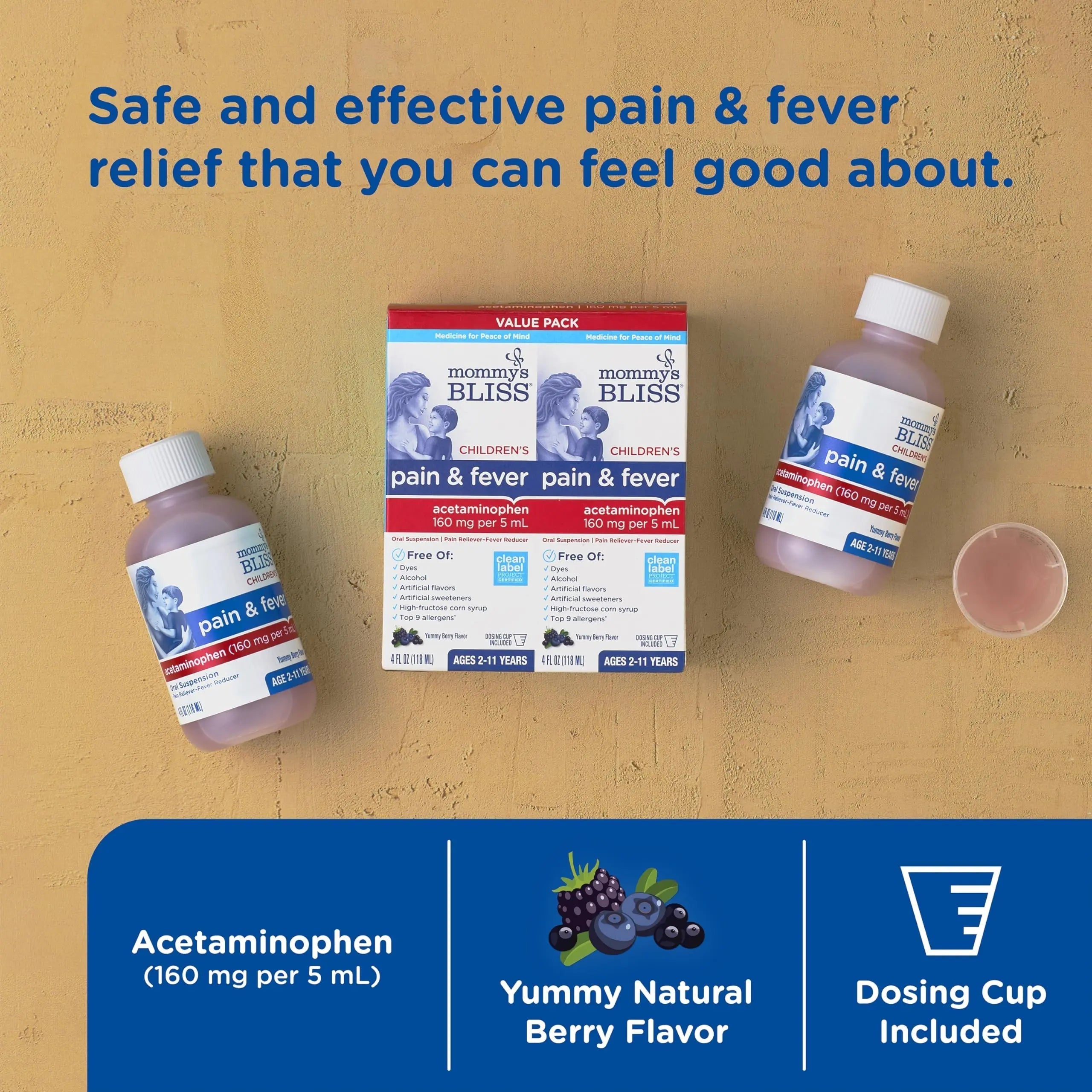 Mommy's Bliss Children's Pain and Fever Reducer, Kids Acetaminophen, Dye Free, Delicious Mixed Berry Flavor, Ages 2+, 4 Fluid Ounces (Pack of 2) Mommy's Bliss Au supplements