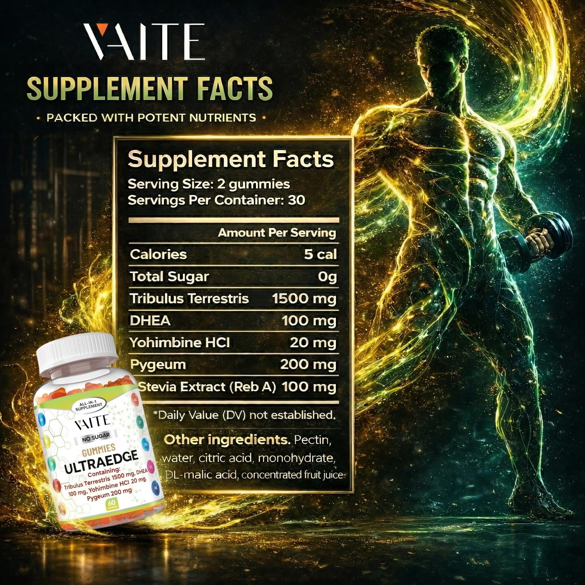 VAITE UltraEdge Herbal Complex Gummies – Tribulus Terrestris 1500mg, DHEA 100mg, Yohimbine HCl 20mg, Pygeum 200mg, Plant-Based Blend, 60 Vegan Gummies, Non-GMO, Gluten-Free, Adult Supplement VAITE Au supplements