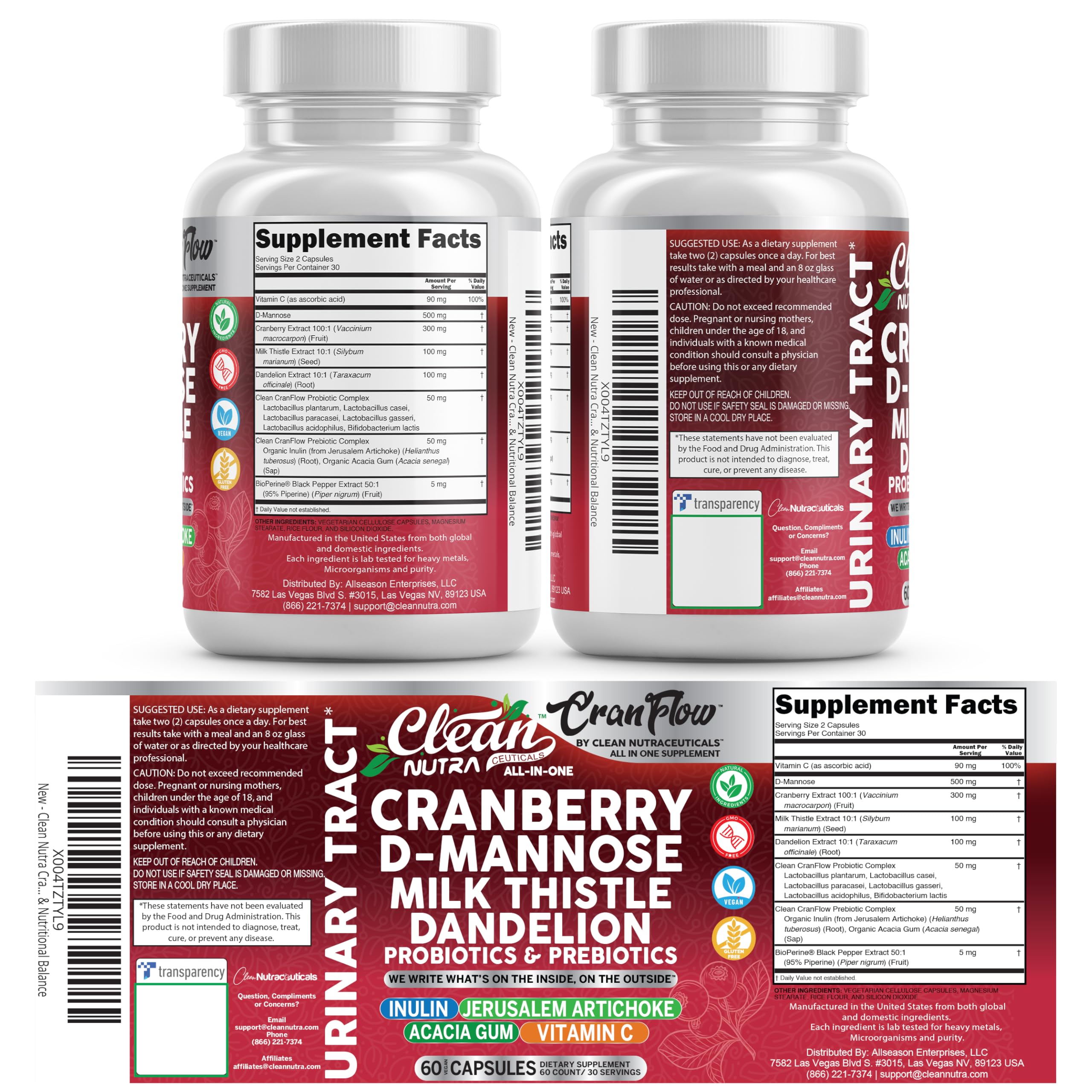 Cran Flow Cranberry Pills for Urinary Health D-Mannose Milk Thistle Dandelion Inulin Vitamin C Prebiotics and Probiotics Bladder Support By Clean Nutra Clean Nutraceuticals Au supplements
