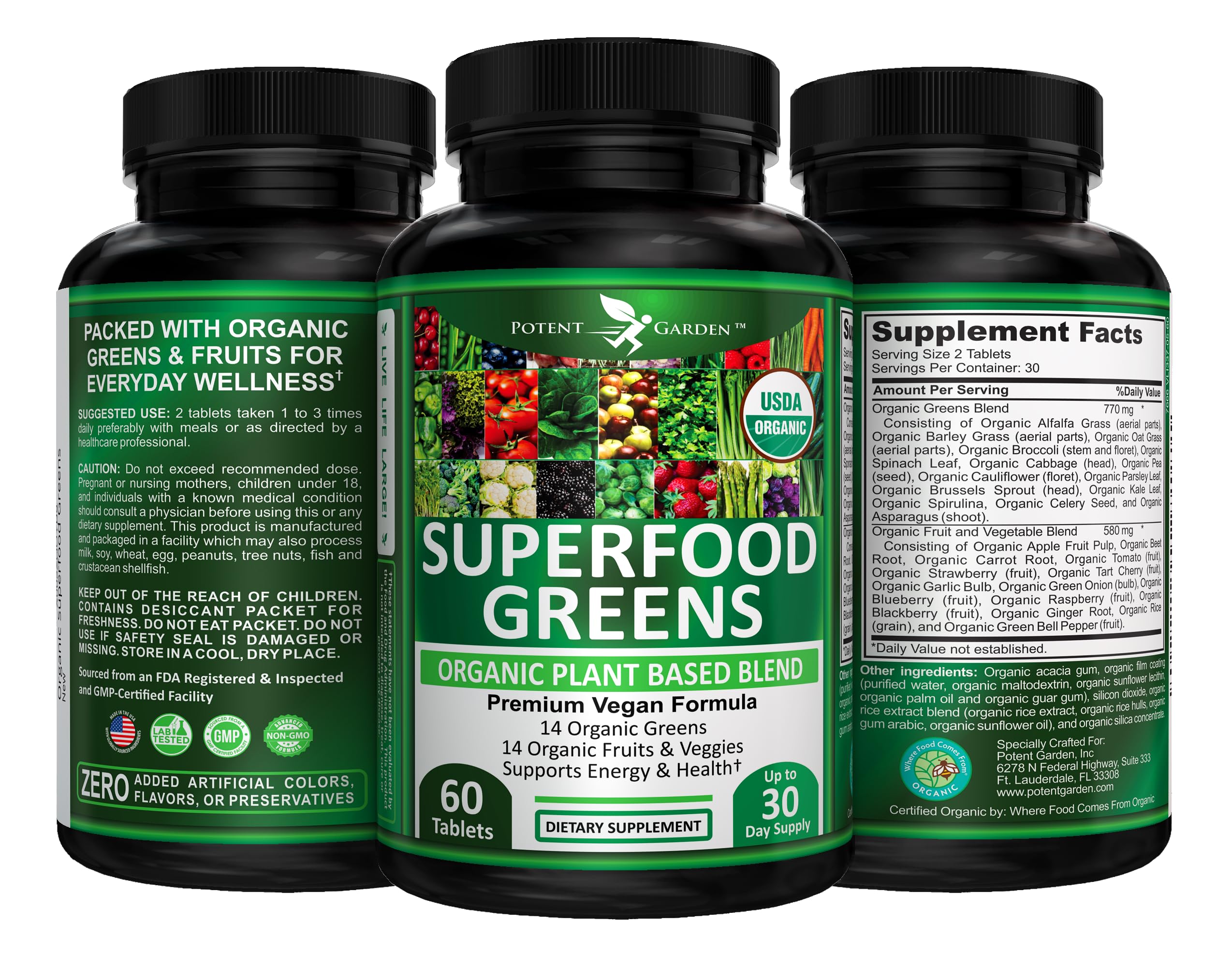 Potent Garden Organic Superfood Greens, Fruit and Veggies Supplement Rich in Vitamins & Antioxidants with Alfalfa, Beet Root & Tart Cherry to Boost Energy, Immunity & Gut Health, Greens Tablets 60 Ct Potent Garden Au supplements