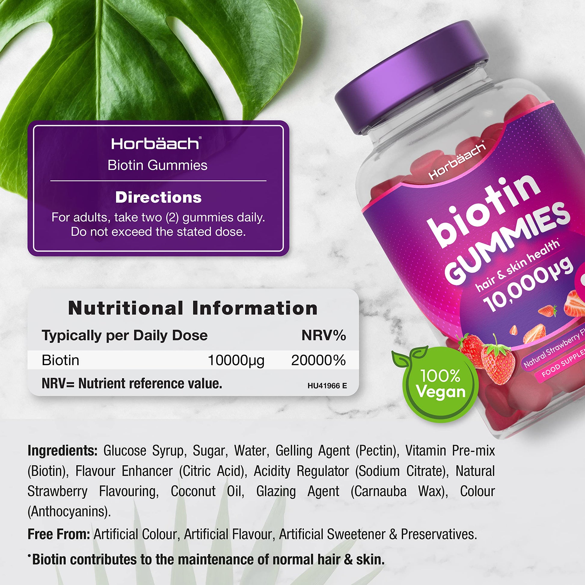 Biotin Gummies 10,000mcg | 90 Vegan Vitamins | Natural Strawberry Flavour Horbäach Au supplements