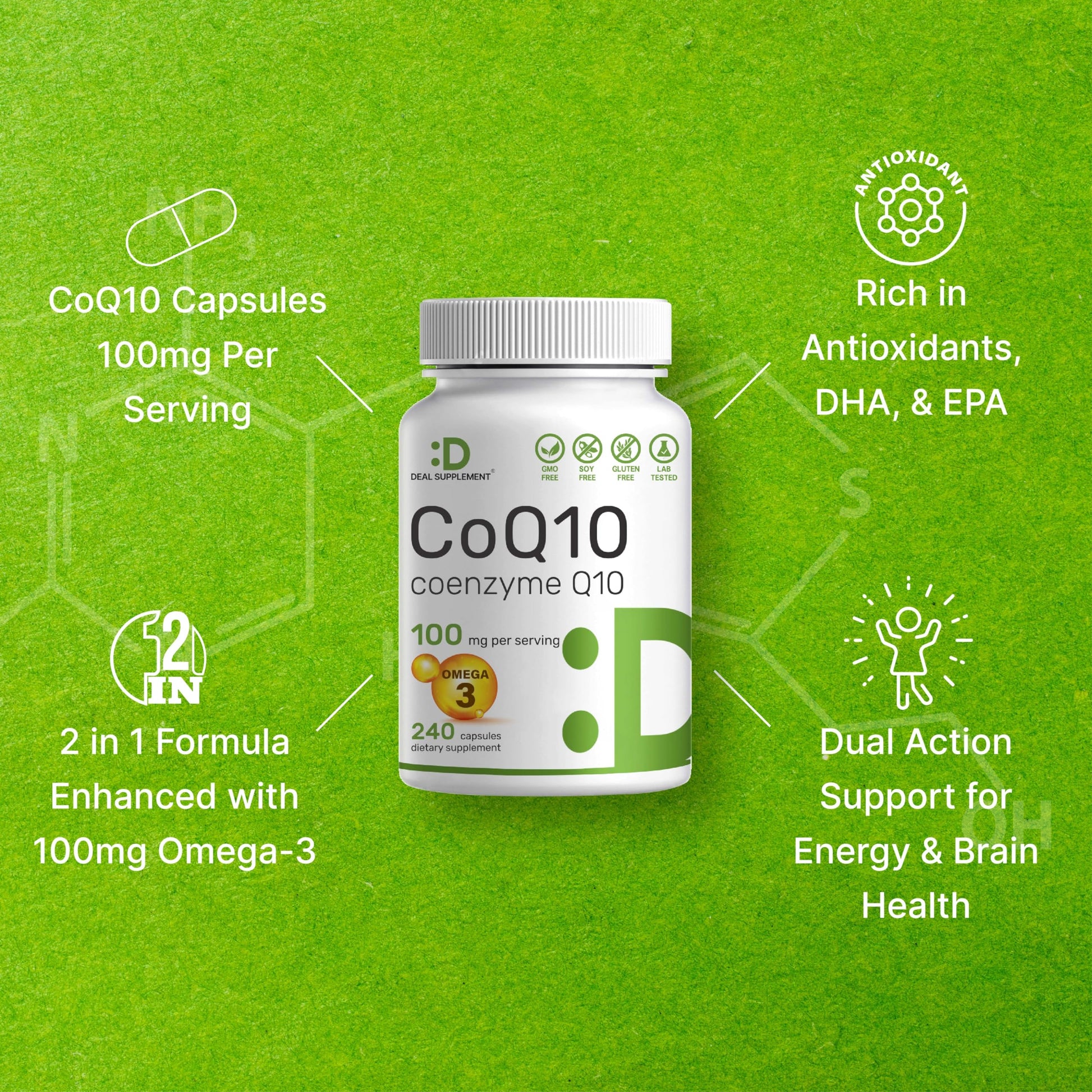 CoQ10 100mg, 240 Capsules – with Omega 3 Fatty Acid 100mg – Bioavailable Coenzyme DEAL SUPPLEMENT Au supplements