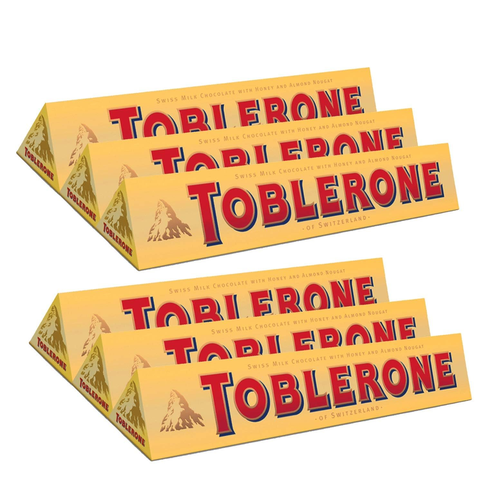 TOBLERONE SWISS MILK CHOCOLATE with HONEY and ALMOND NOUGAT 6 X 100 G BARS